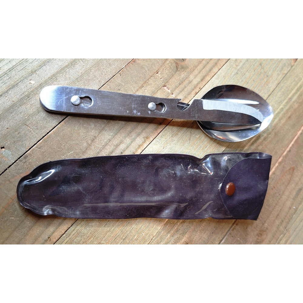 Vintage Japan Stainless Steel 3pc Interlocking Camping Hobo Utensil Set Case